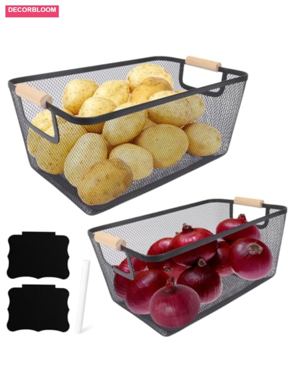 Metal Mesh Potato Onion Storage Bin Set Wood Handle Kitchen Pantry Produce